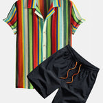 Colorful Striped Waffle Texture Cuban Shirt & Swim Shorts Set