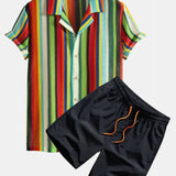 Colorful Striped Waffle Texture Cuban Shirt & Swim Shorts Set