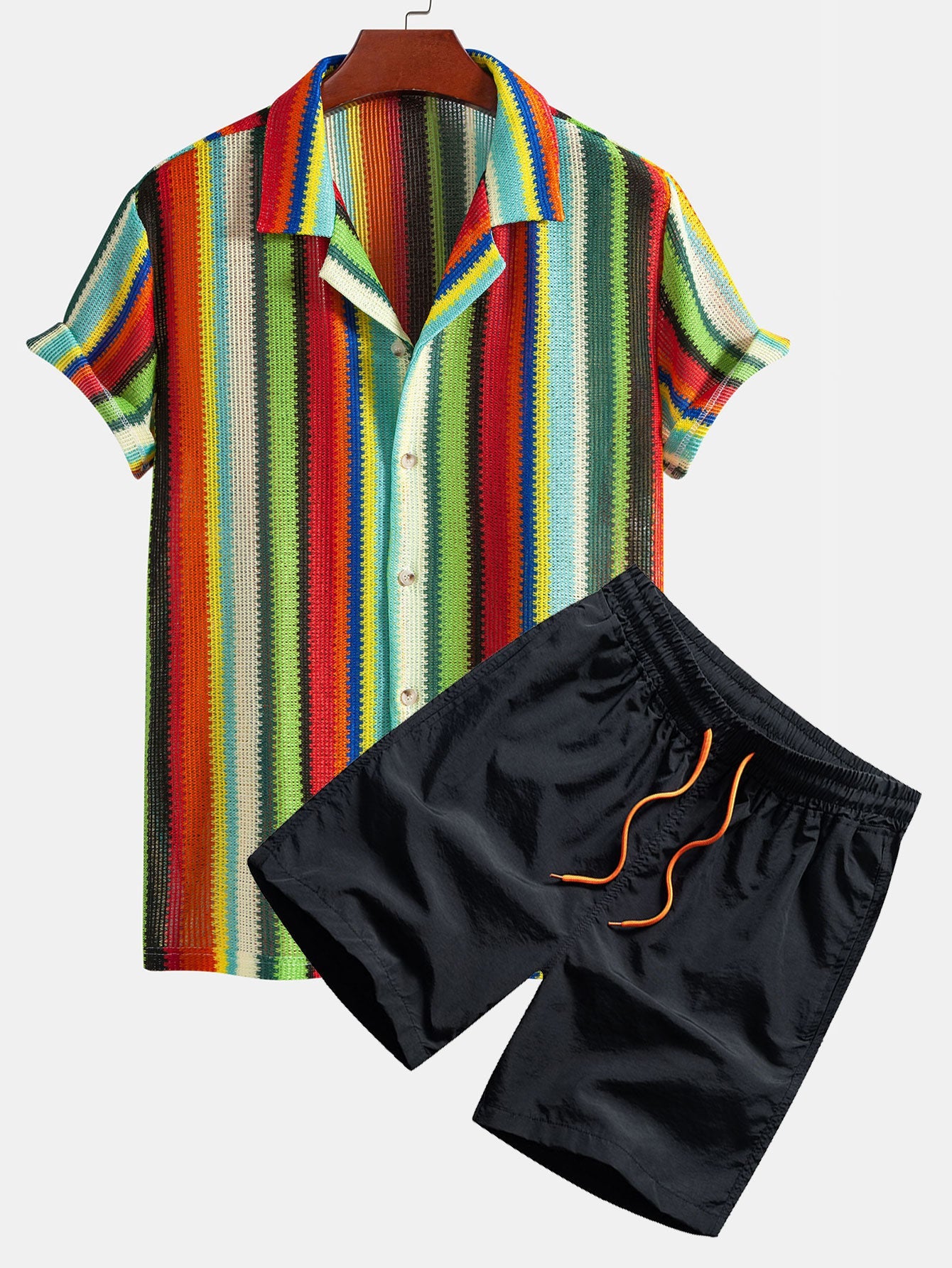 Colorful Striped Waffle Texture Cuban Shirt & Swim Shorts Set