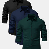 3 Pieces Long Sleeve Muscle Fit Ribbed Button Up Shirt