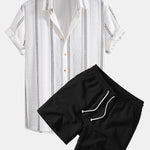 Geometric Striped Jacquard Shirt & Crinkle Textured Drawstring 5" Shorts Set