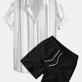 Geometric Striped Jacquard Shirt & Crinkle Textured Drawstring 5" Shorts Set