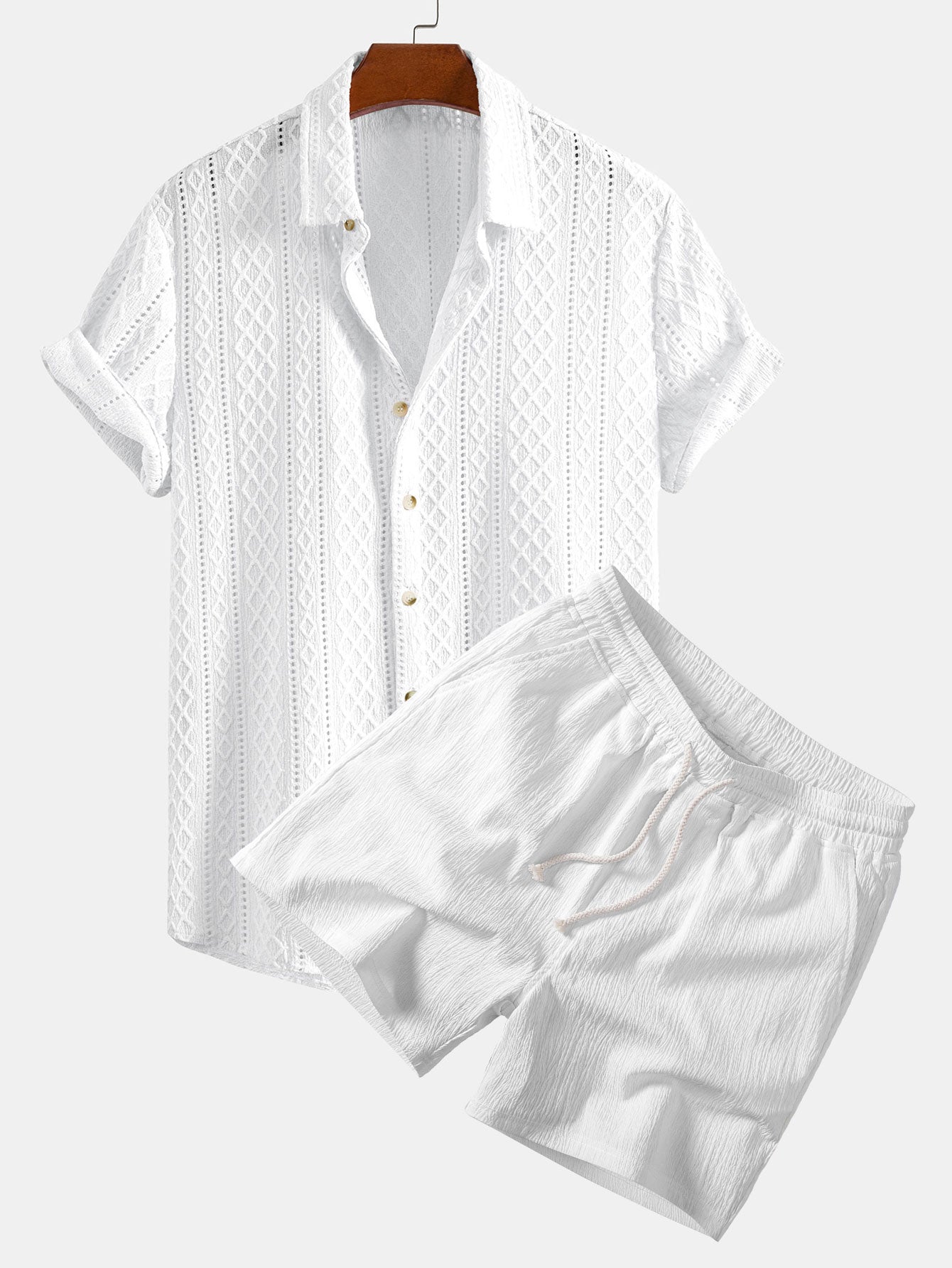 Geometry Rhombus Jacquard Shirt & Crinkle Textured Drawstring 5" Shorts Set