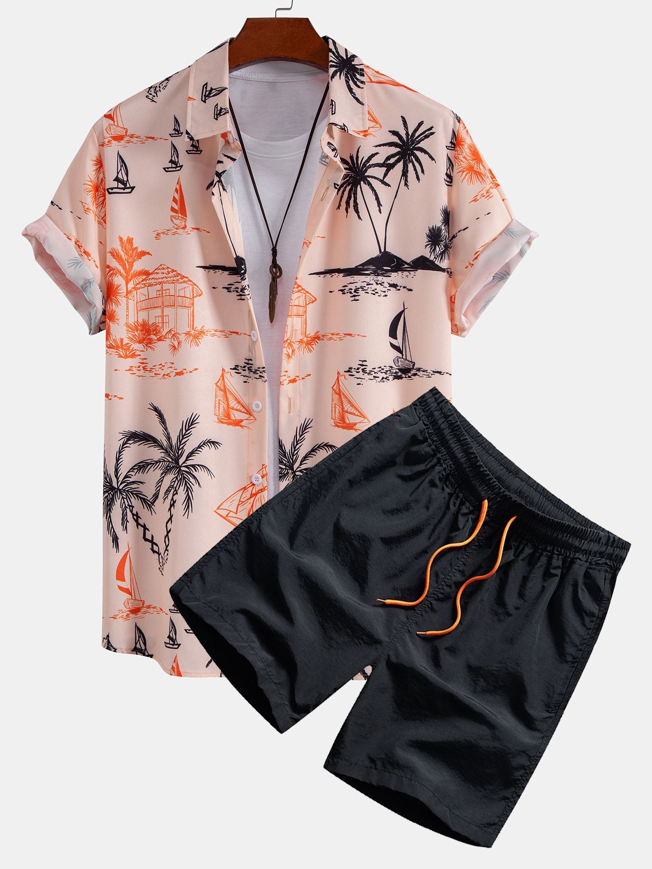 Island Print Shirt & Drawstring Swim Shorts Set