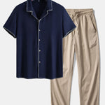 Contrast Stitching Linen Rayon Blend Cuban Shirt & Crinkle Textured Pants Set