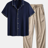 Contrast Stitching Linen Rayon Blend Cuban Shirt & Crinkle Textured Pants Set