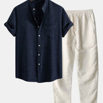 Short Sleeve Stand Collar Shirt & Straight Leg Linen Pants Set