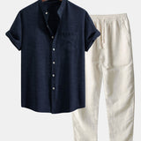 Short Sleeve Stand Collar Shirt & Straight Leg Linen Pants Set