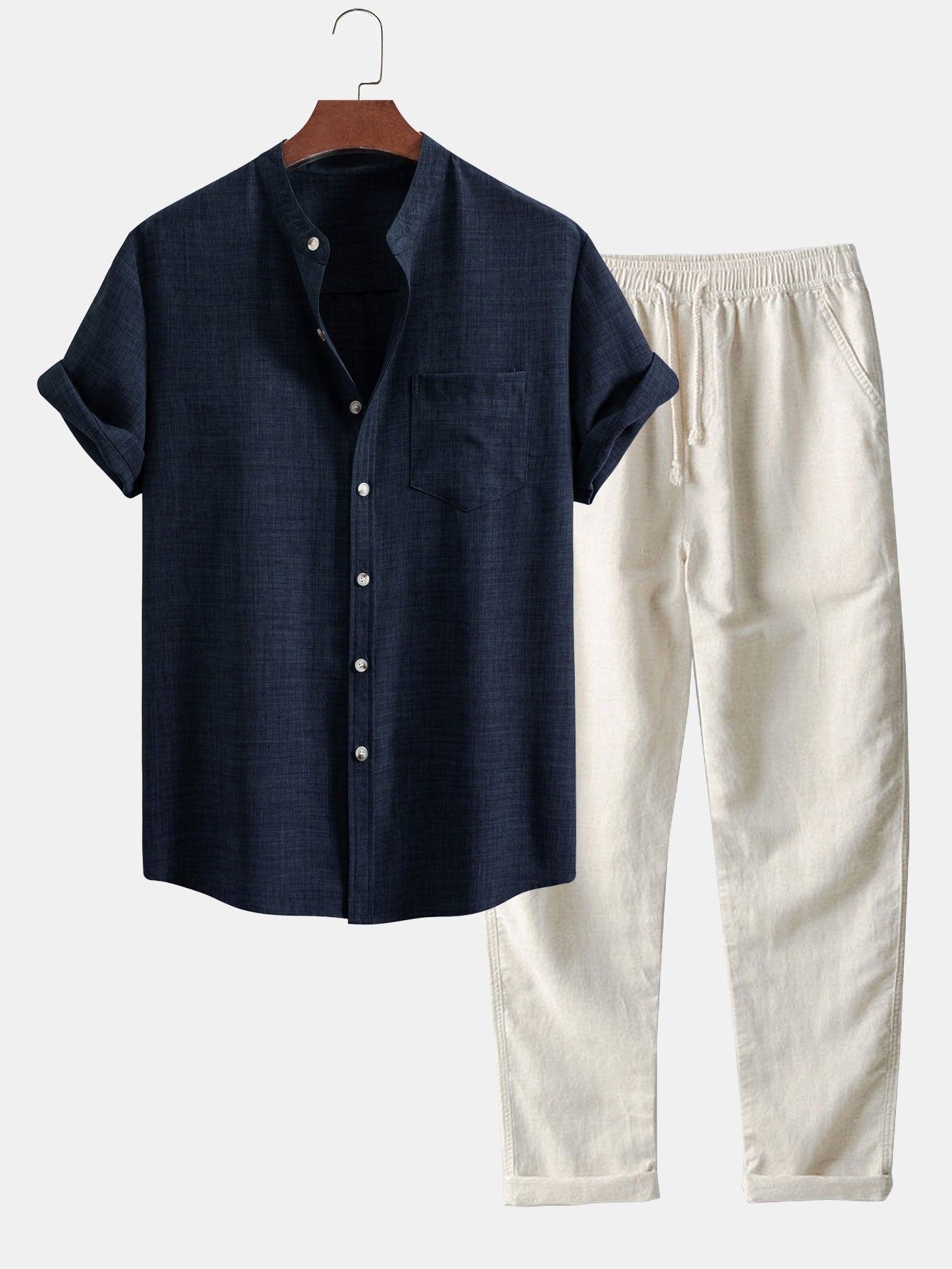 Short Sleeve Stand Collar Shirt & Straight Leg Linen Pants Set
