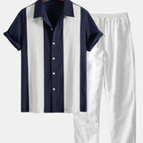 Linen Patchwork Bowling Shirt & Straight Leg Linen Pants Set