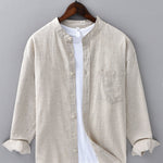 Long Sleeve Linen Cotton Stand Collar Shirt with Pocket