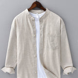 Long Sleeve Linen Cotton Stand Collar Shirt with Pocket