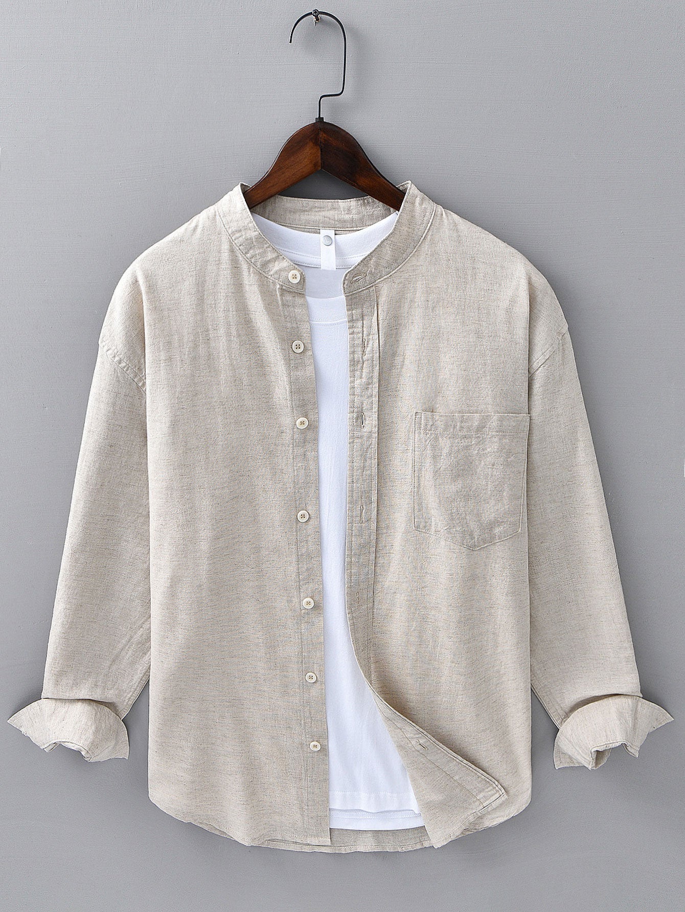 Long Sleeve Linen Cotton Stand Collar Shirt with Pocket