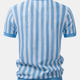 Stripe Johnny Collar Open Knit Polo & Straight Leg Linen Pants Set