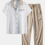 Textured Contrast Cuban Shirt & Straight Leg Pants Set