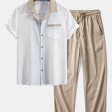 Textured Contrast Cuban Shirt & Straight Leg Pants Set