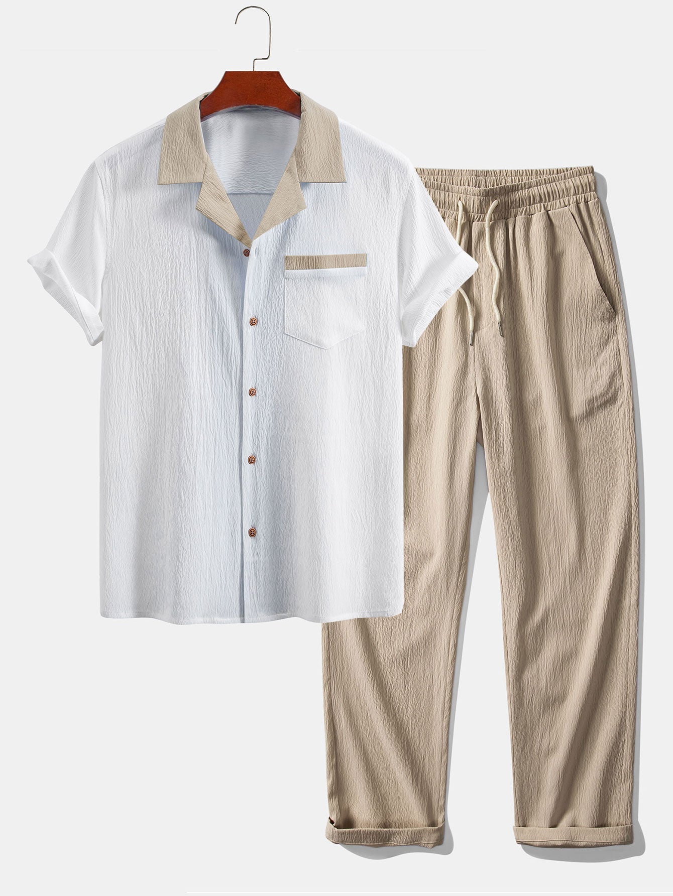 Textured Contrast Cuban Shirt & Straight Leg Pants Set
