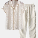 Jacquard Texture Cuban Shirt & Straight Leg Linen Pants Set