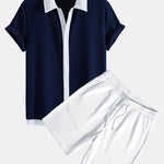 Contrast Ribbed Shirt & Drawstring Ribbed Shorts Set