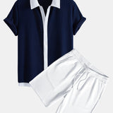 Contrast Ribbed Shirt & Drawstring Ribbed Shorts Set
