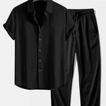 Short Sleeve Linen Shirt & Crinkle Textured Straight Leg Pants Set