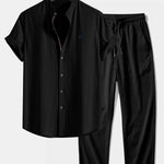 Short Sleeve Linen Stand Collar Shirt & Crinkle Textured Pants Set
