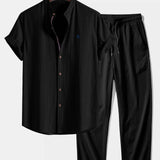 Short Sleeve Linen Stand Collar Shirt & Crinkle Textured Pants Set