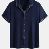 Contrast Stitching Linen Rayon Blend Cuban Shirt & Linen Pants Set
