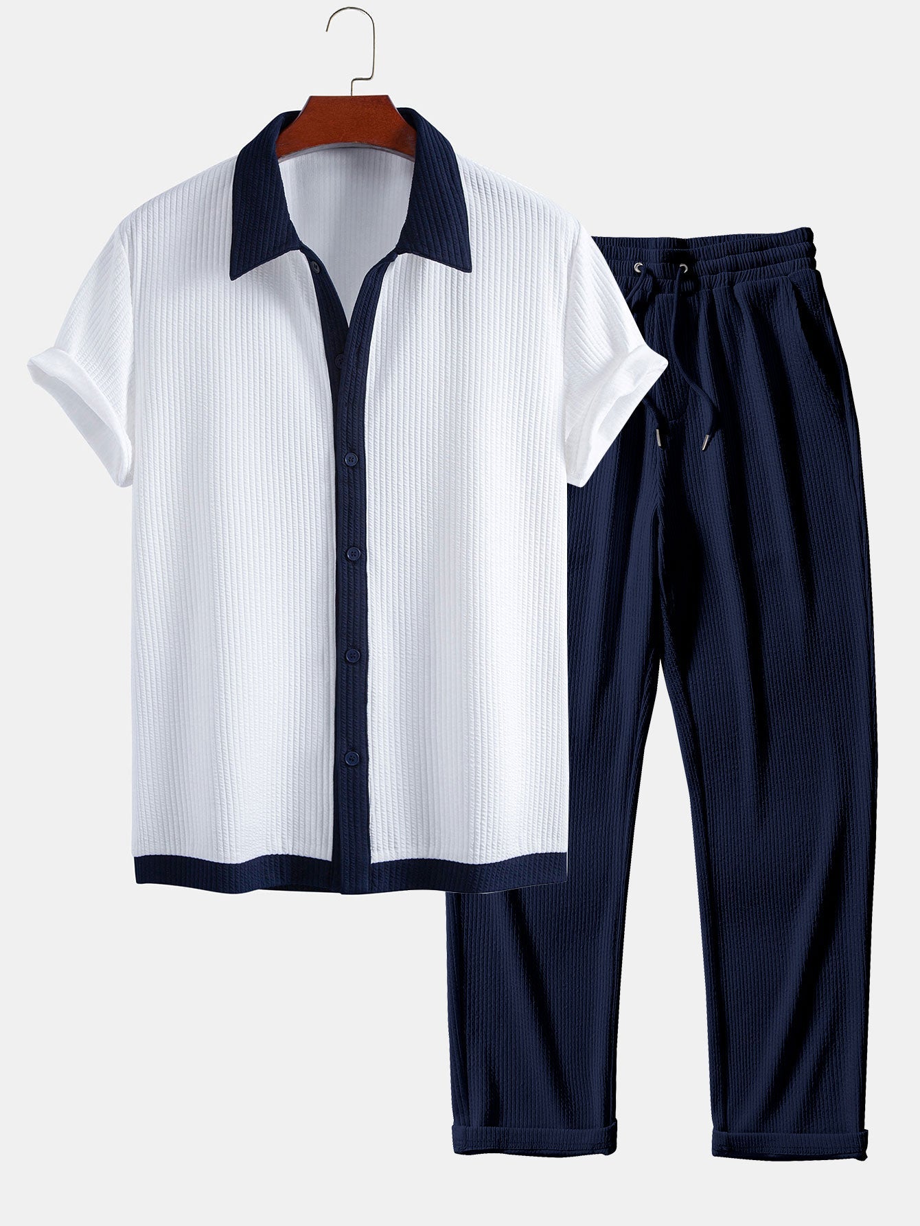 Contrast Ribbed Shirt & Straight Leg Ribbed Pants Set