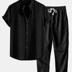 Short Sleeve Linen Stand Collar Shirt & Straight Leg Linen Pants Set