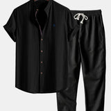 Short Sleeve Linen Stand Collar Shirt & Straight Leg Linen Pants Set