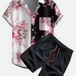 Two Tone Rose Print Shirt & Swim Shorts Set