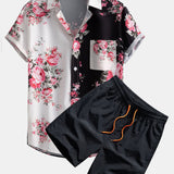 Two Tone Rose Print Shirt & Swim Shorts Set
