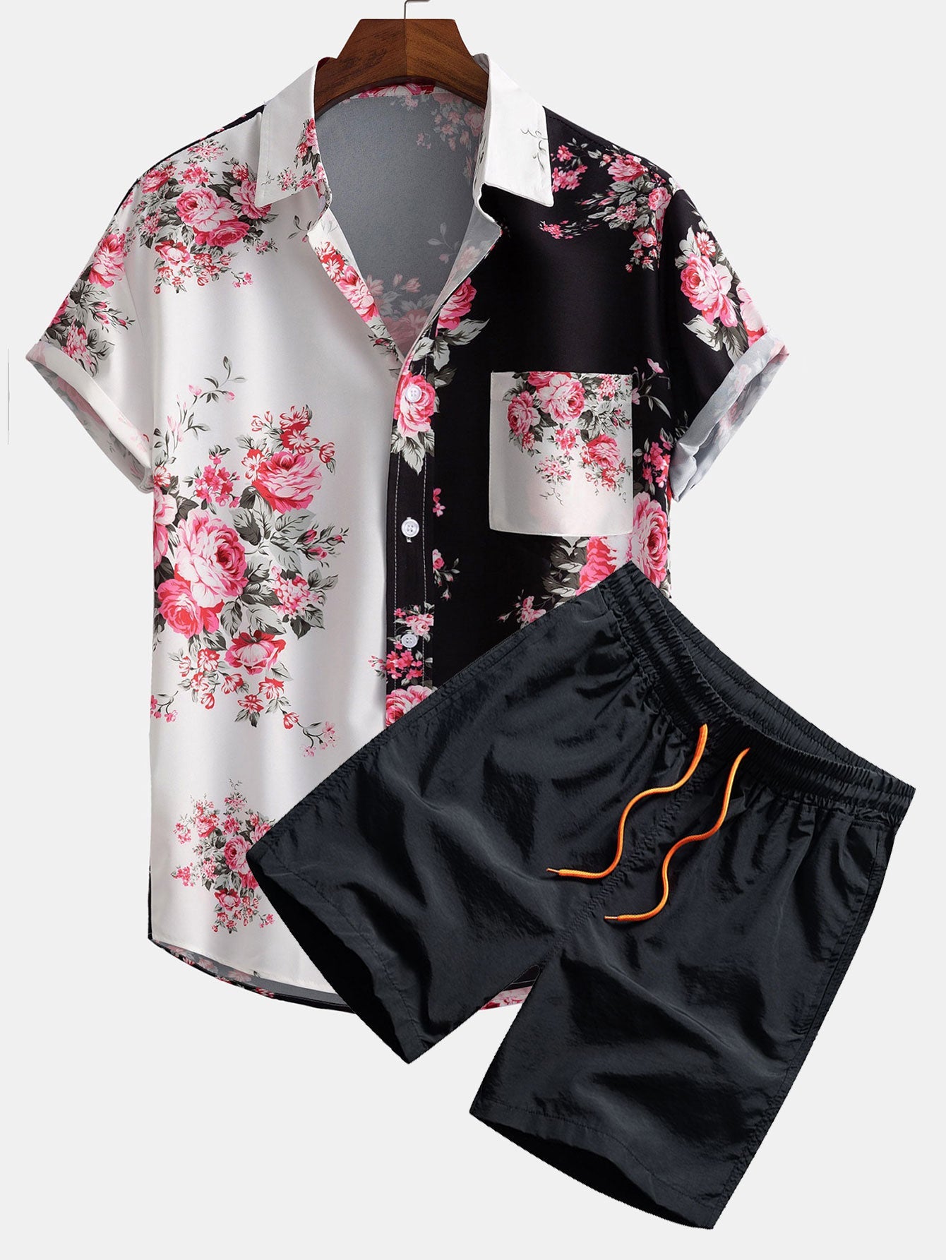 Two Tone Rose Print Shirt & Swim Shorts Set