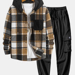 Corduroy Plaid Hooded Shirt & Drawstring Corduroy Cargo Jogger Pants Set