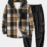 Corduroy Plaid Hooded Shirt & Drawstring Corduroy Cargo Jogger Pants Set