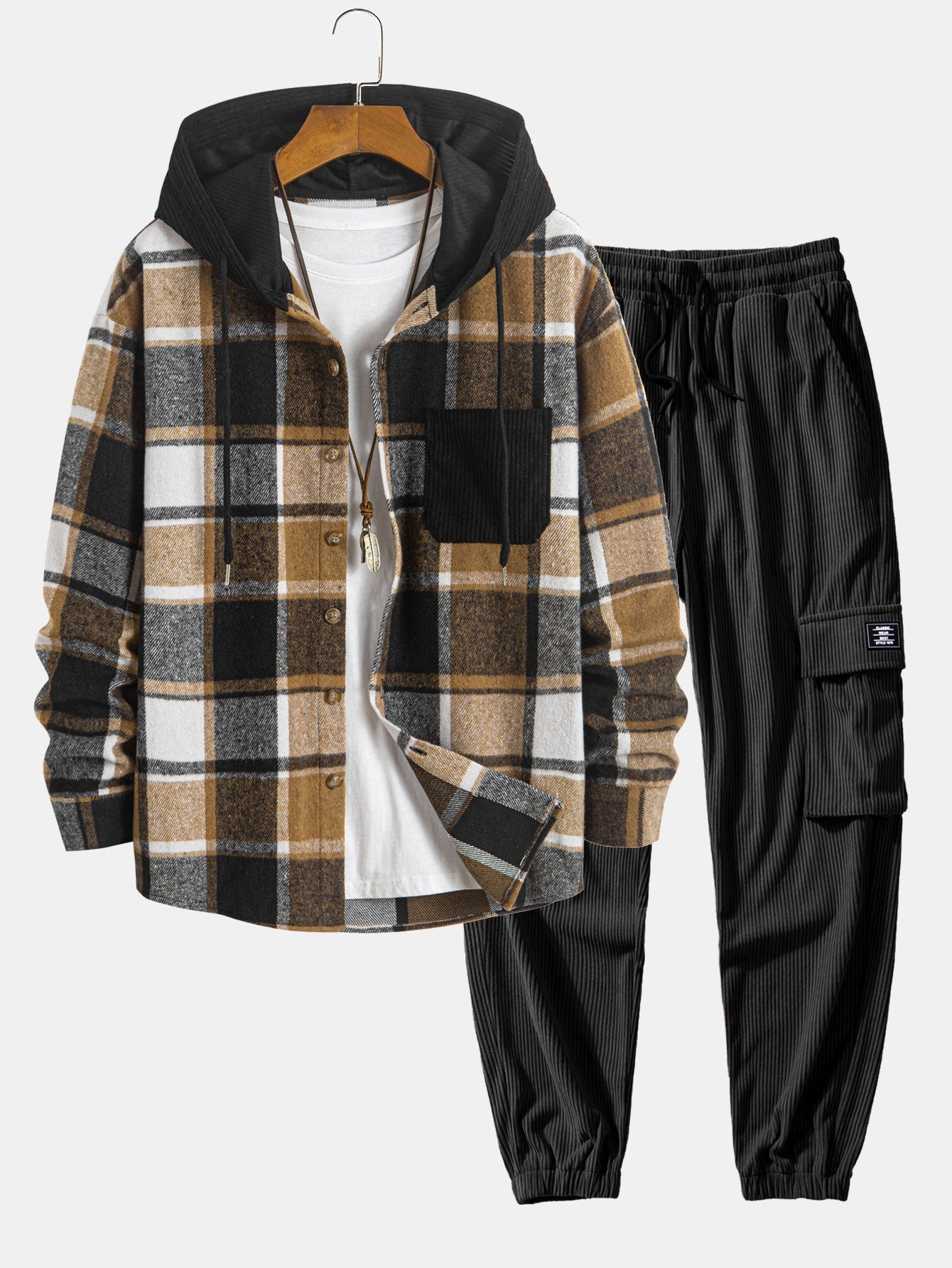 Corduroy Plaid Hooded Shirt & Drawstring Corduroy Cargo Jogger Pants Set