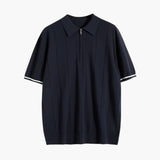 Men's Vertical Stripe Zip Placket Knit Polo with Contrast Cuffs