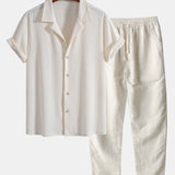 Short Sleeve Waffle Cuban Shirt & Straight Leg Linen Pants Set