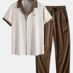 Contrast Palm Tree Embroidery Crinkle Shirt & Crinkle Textured Pants Set