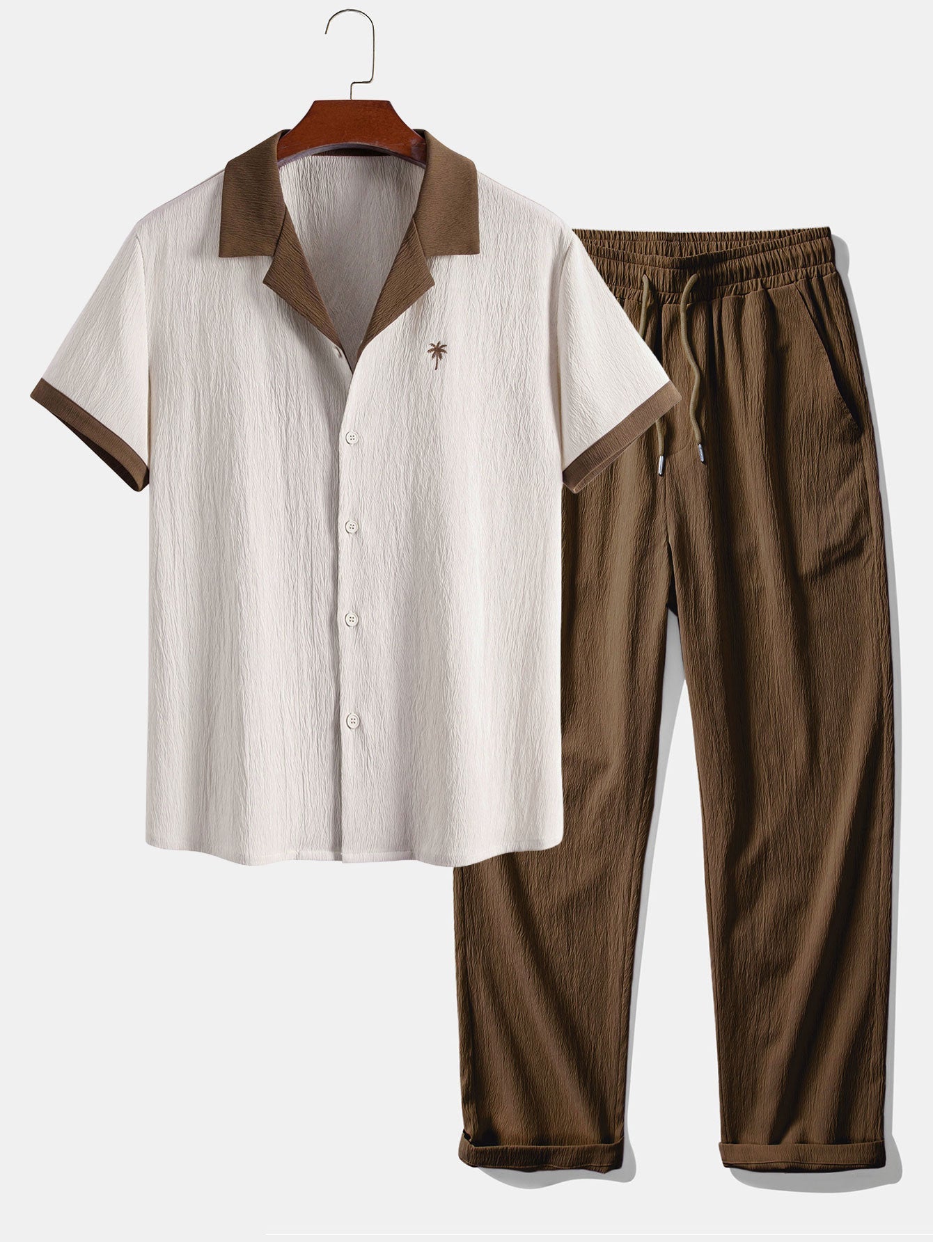 Contrast Palm Tree Embroidery Crinkle Shirt & Crinkle Textured Pants Set