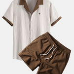 Contrast Palm Tree Embroidery Crinkle Shirt & Crinkle Textured Drawstring Set