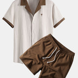 Contrast Palm Tree Embroidery Crinkle Shirt & Crinkle Textured Drawstring Set