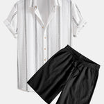 Geometric Striped Jacquard Shirt & Crinkled Textured Drawstring Shorts Set