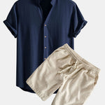 V Neck Linen Rayon Blend Shirt & Linen Cotton Blend Drawstring Shorts Set