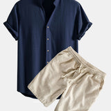 V Neck Linen Rayon Blend Shirt & Linen Cotton Blend Drawstring Shorts Set