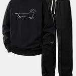 Line Dachshund Print Sweatshirt & Pleated Pintuck Sweatpants Set