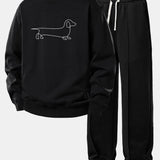 Line Dachshund Print Sweatshirt & Pleated Pintuck Sweatpants Set