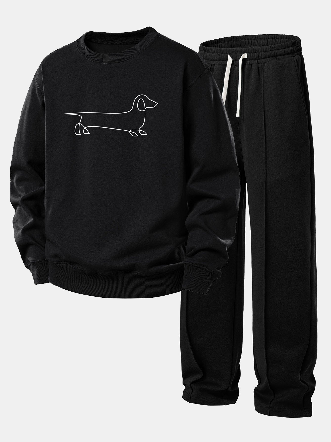 Line Dachshund Print Sweatshirt & Pleated Pintuck Sweatpants Set