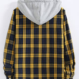 Plaid Contrast Button Up Hooded Shirt